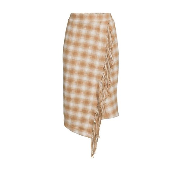 Time and Tru Fringed Faux Wrap Skirt classic plaid Mocha Splash Size M 8-10 - Picture 1 of 6